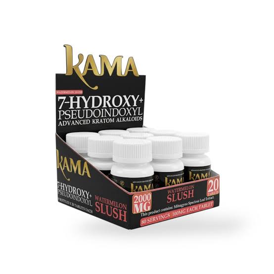 Kama 7-Hydroxy 2000mg watermelon slush 20caps in each jar. Box of 9