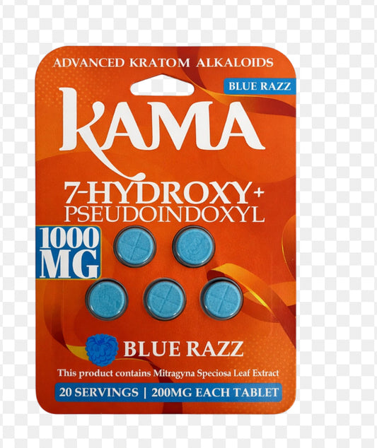 Kama Pseudoindoxyl + 7OH Kratom Extract Tablets Blue Razz 1000mg – 5ct (200mg/tab)